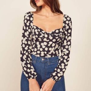 Reformation Reign Black Crop Top Blouse Daisy Floral Size 0